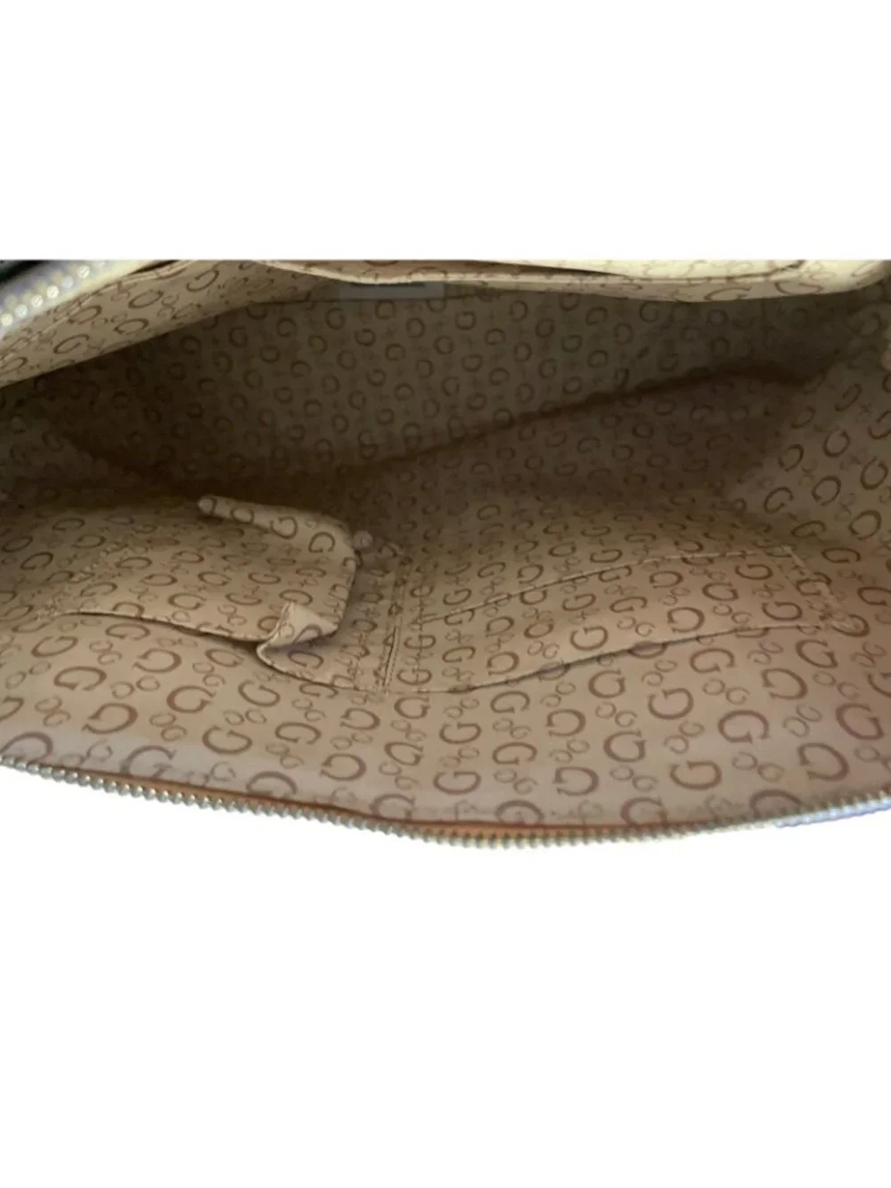 Guess Signature Logo Menville Satchel Crossbody Handbag Tan & White